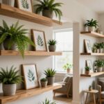 Cozy Oak Shelf Styling: Floating Shelves with Plants & Botanical Art