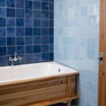 Dreamy Small Bathroom with Blue Tiles & Natural Wood Vibes