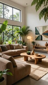 Biophilic design and Organic modern style in a living room