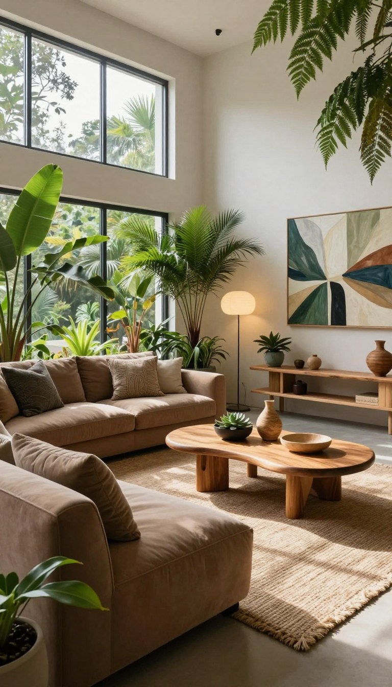 Biophilic design and Organic modern style in a living room