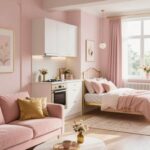 500 Sq Ft Studio Apartment Layout – Blush Pink & Gold Feminine Floor Plan Design